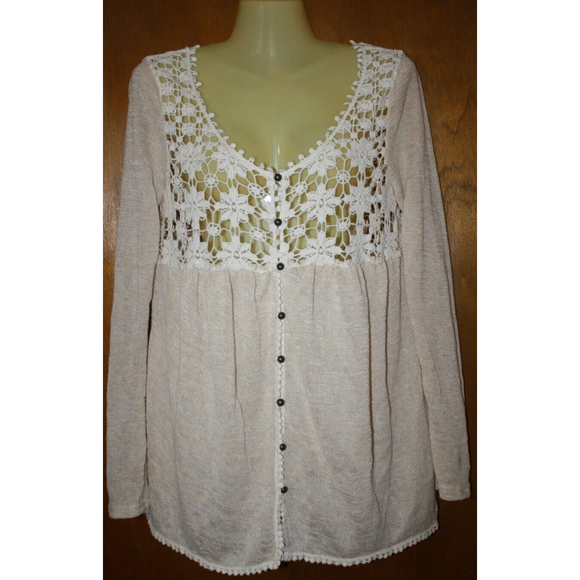 Ya Los Angeles Crochet Top Sz L Beige LS Button Down Women's Fashion - Picture 1 of 6